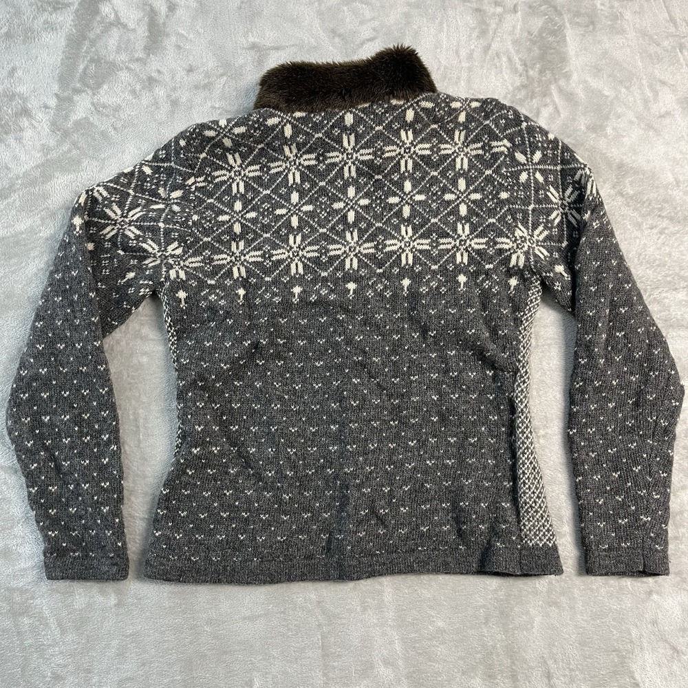 VTG Maurices Womens M Nordic Fair Isle Lambswool Blend Zip Cardigan Fur Collar - Picture 11 of 15